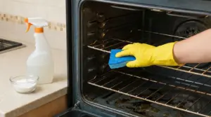 Persona con guanti gialli pulisce un forno incrostato con spugna blu, vicino a spray e bicarbonato sul piano cucina