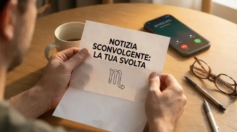 Una persona legge un foglio con una notizia, accanto a smartphone che squilla, tazza di caffè e occhiali su un tavolo
